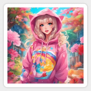 Pink Hoodie Flower Anime Girl Magnet